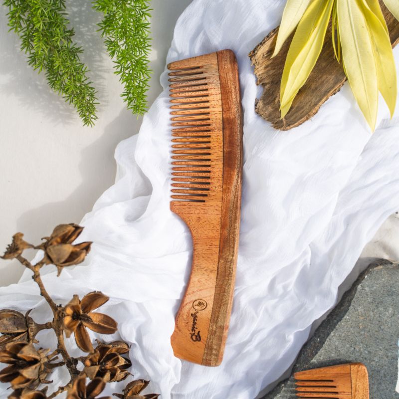 Organic B-9 neem comb, organic wood comb, wooden comb, neem wood comb, organic neem comb, organic hair products, detangling comb, handle comb, handle wood comb, handle neem wood comb,
